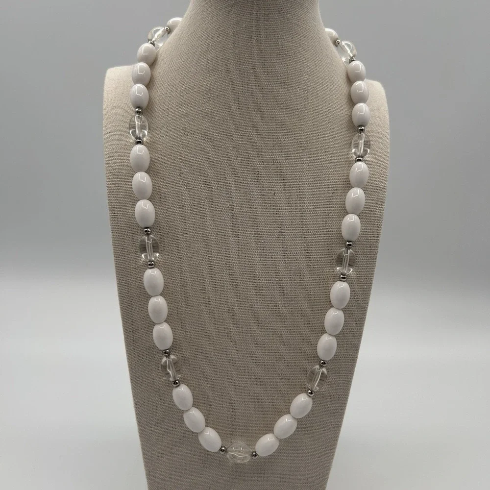 Vintage Trifari Necklace Silver tone White Lucite Single Strand Spacer Bead 12